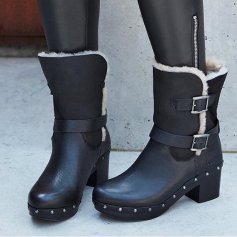 UGG Brea Clogg Round Toe Studded Buckle Strap Black Leather Stud Boot Sz 7